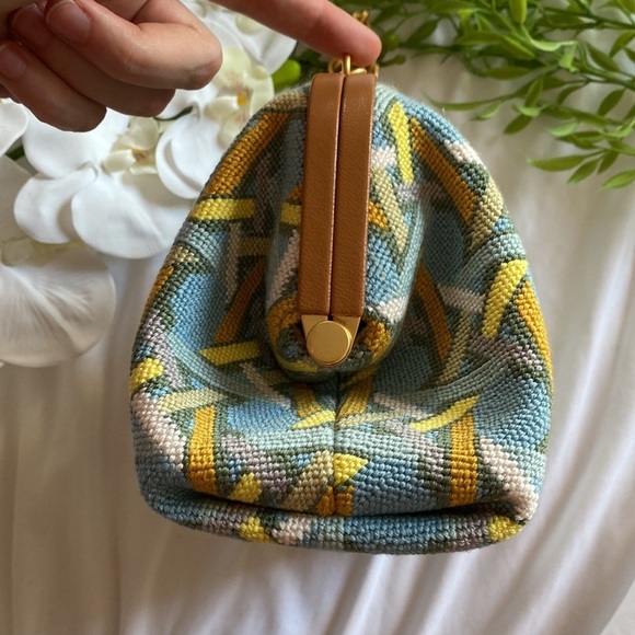 Tory Burch Cleo Basketweave Blue Caning Logo Geo Needlepoint Small Bag - Picture 7 of 15